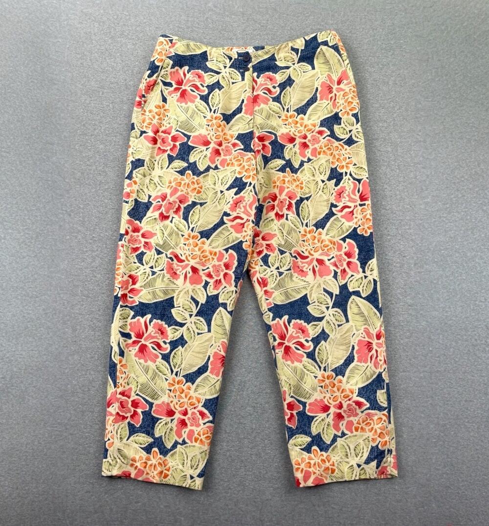 VTG Talbots Pants Womens 14P Linen Blend Tropical Floral High Waist Ankle Retro